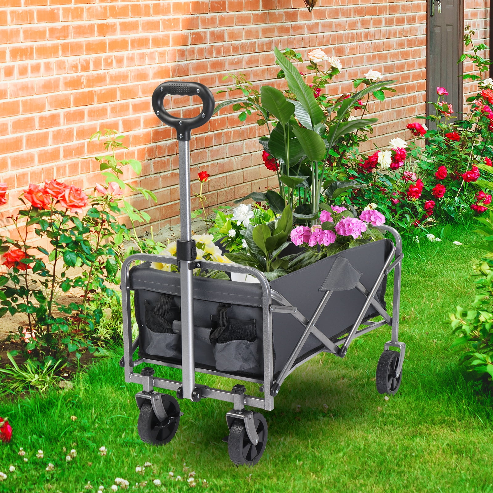Garden Folding Cart, 600d Oxford Cloth Steel Frame Flat Folding Style Grey Cloth Silver Frame, 74.5*45.5*84cm 100kg