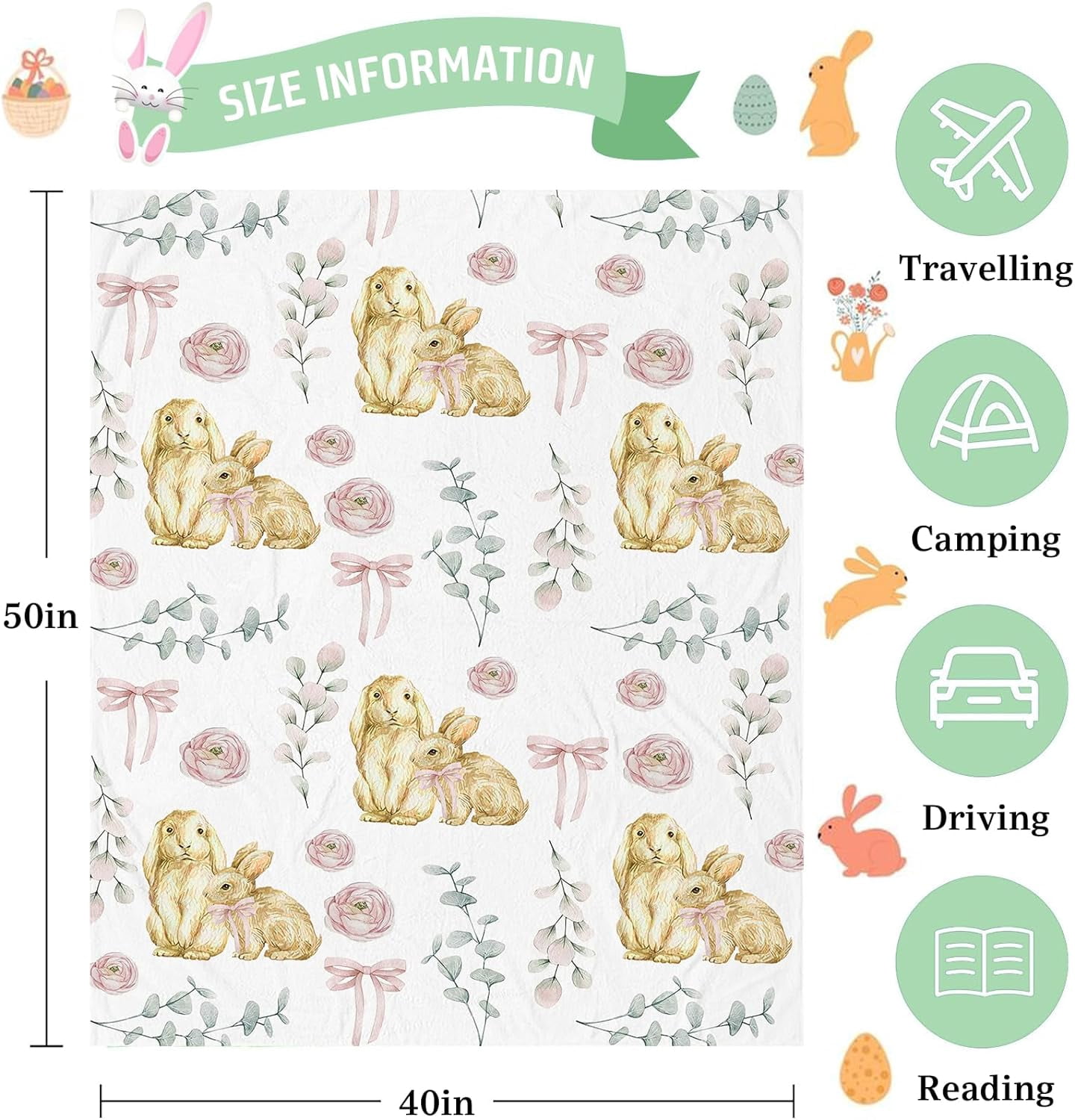 Luxury Plush Easter Blanket Cute Bunny Pink Bud Bow Tie Eucalyptus Leaves Throw Blanket for Couch,Lightweight Soft and Warm Throws Blankets for Sofa Bed Living Room in Spring 40"x50"