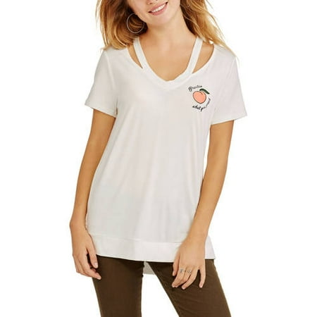 Miss Chievous Juniors Embroidered Patch Cut Out V Neck T Shirt Embroidered Patch Cut Out