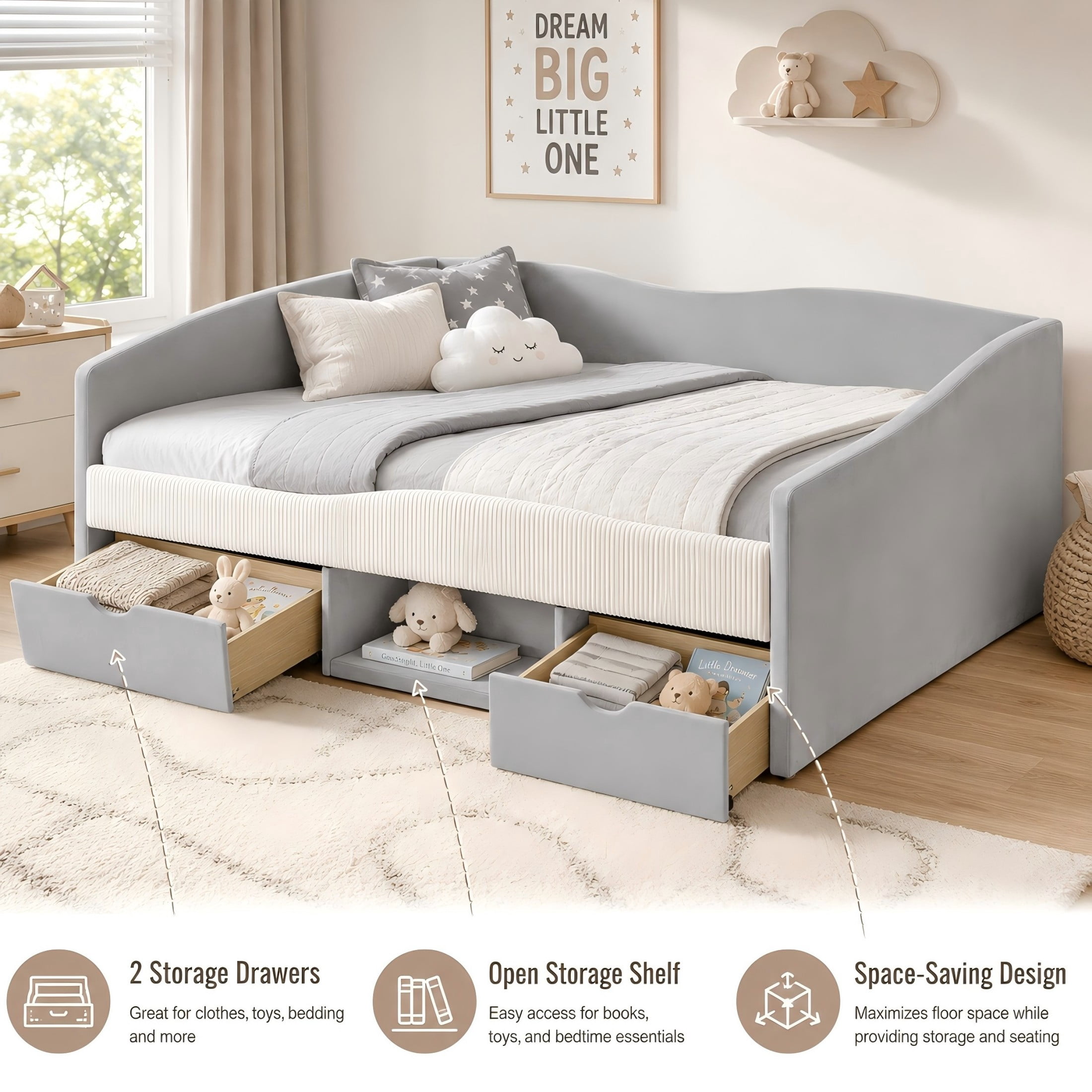 Aukfa Full Size Upholstered Daybed with 2 Storage Drawers, Shelf and Curved Guardrails, Velvet Bed Frame, Gray