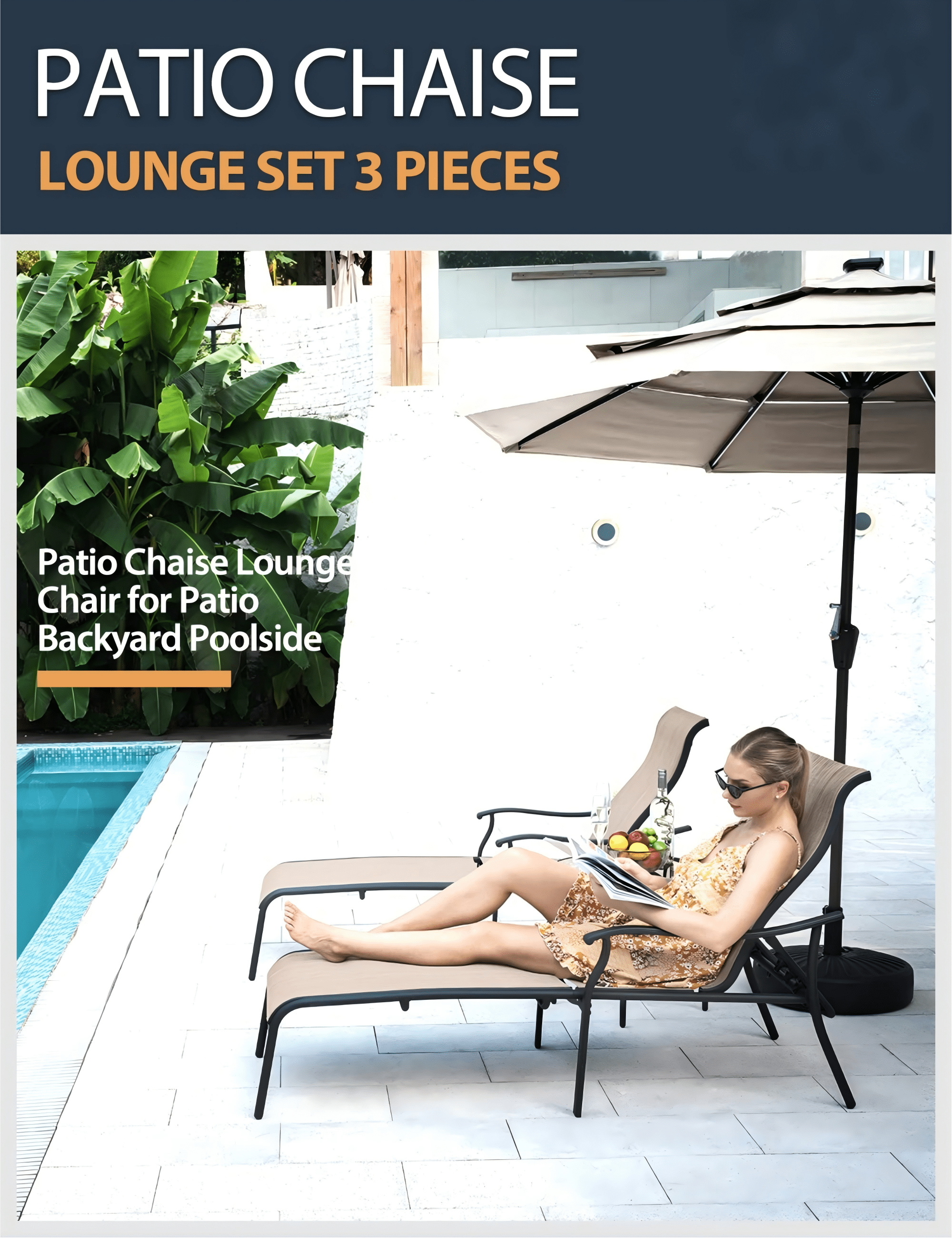 Patio Chaise Lounge Set 3 Piece Outdoor Lounge Chairs with Table Adjustable Pool Lounge Chair Textilene Fabric for Patio Backyard Poolside, Brown