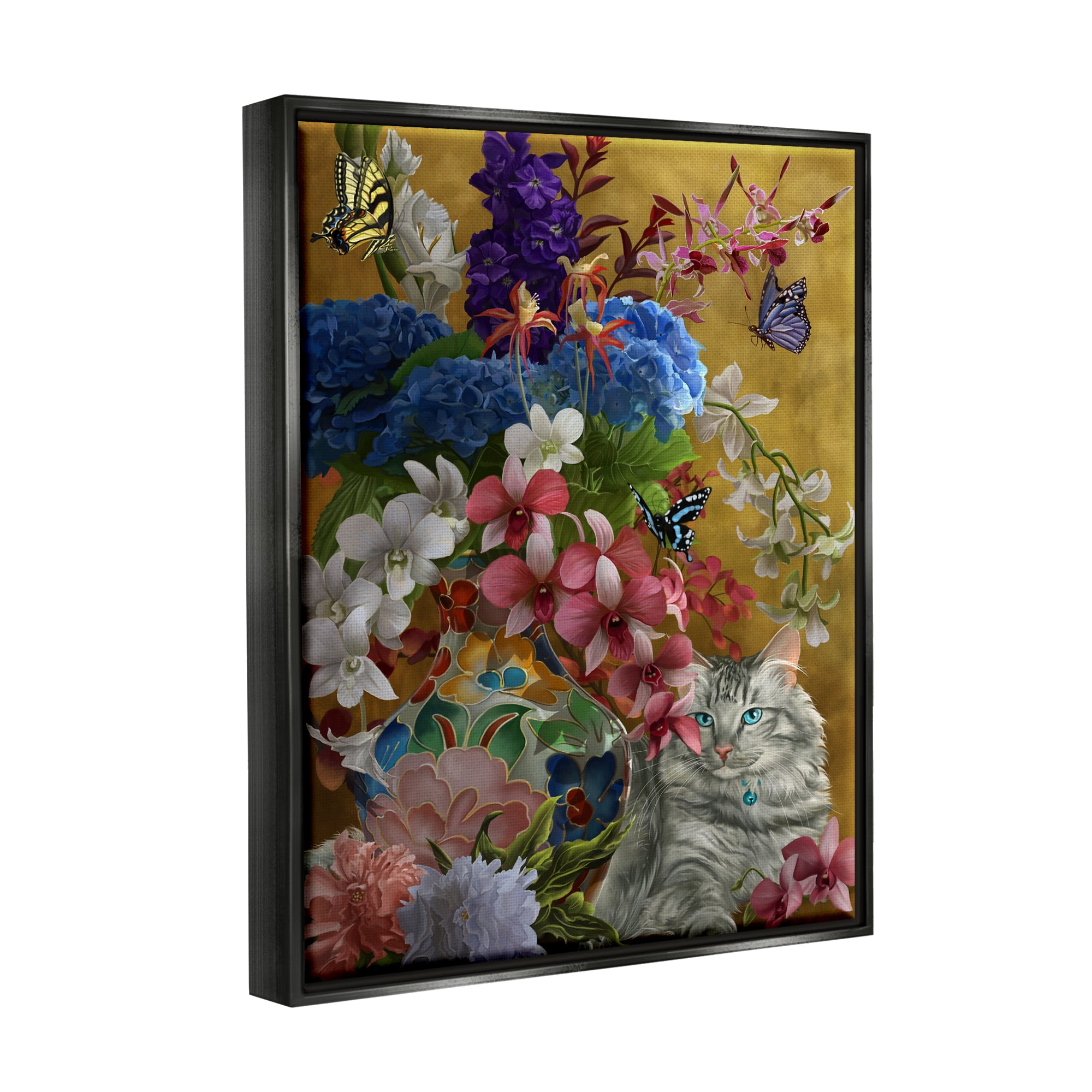 Stupell Industries Gilded Cat & Flowers Botanical & Floral Painting Black Floater Framed Canvas Art Print Wall Art, 17 x 21