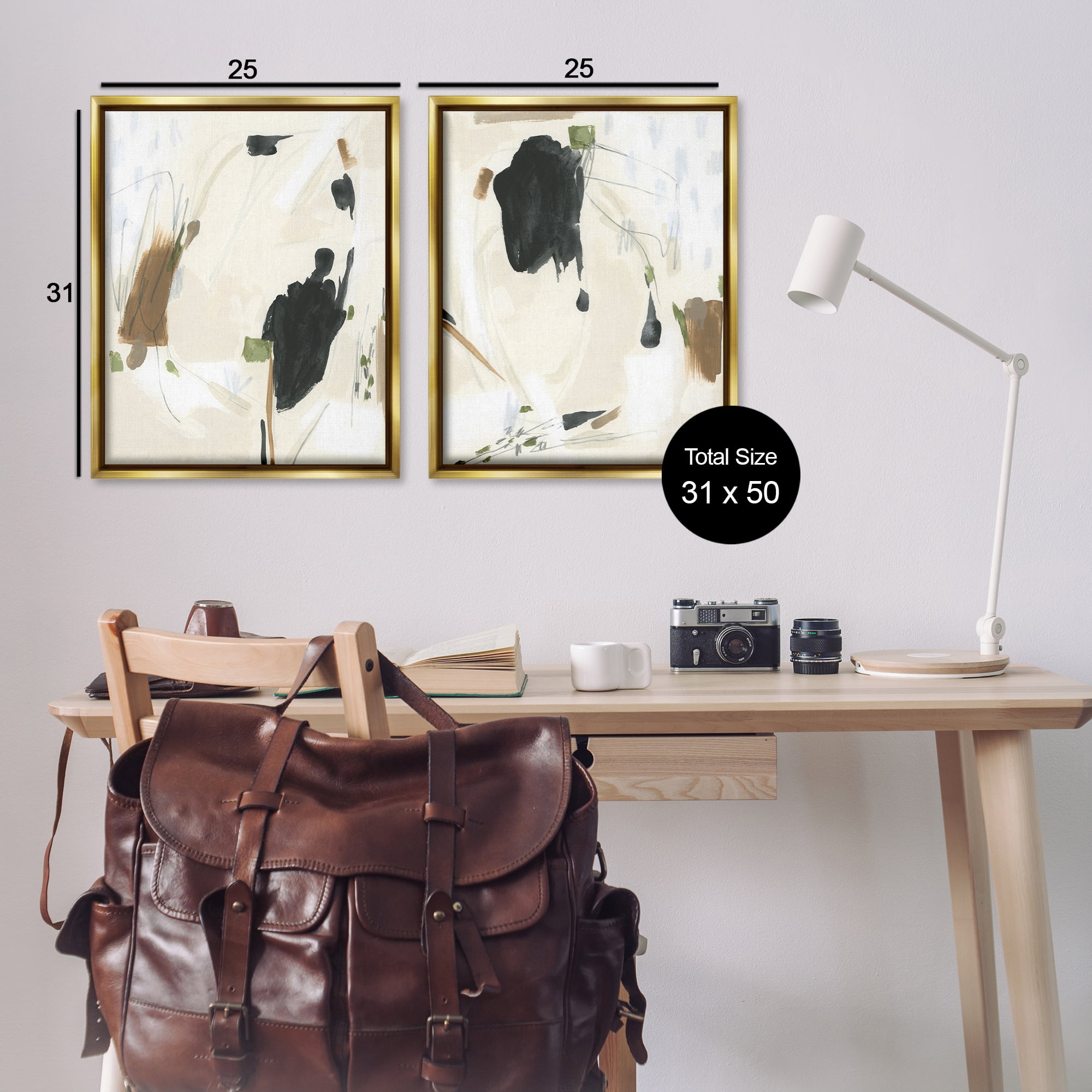 Stupell Industries Beige Olive Abstract Classic Abstract Painting Gold Floater Framed Canvas Art Print Wall Art, 31 x 25, Set of 2