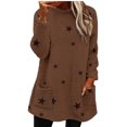 thumbnail image 3 of Women's Mid-Length Star Print Pullover, Double-Sided Fleece Hoodie, Loose Fit Round Neck Sweatshirt, Cozy Plush Long Sleeve Top, Kangaroo Pocket Casual Loungewear Khaki L, 3 of 6