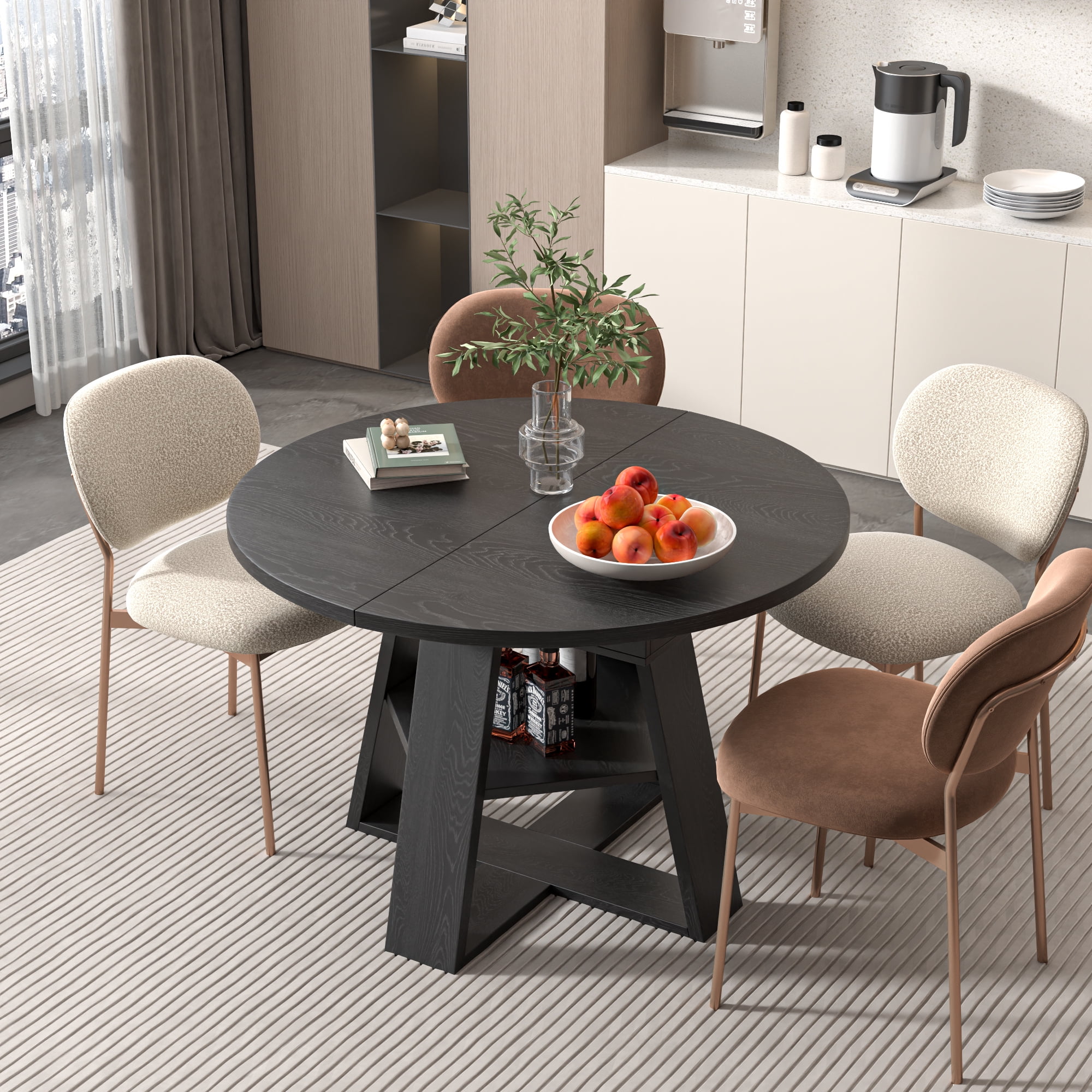 Round Dining Table Modern Extendable Dining Table with Removable Leaves for Kitchen