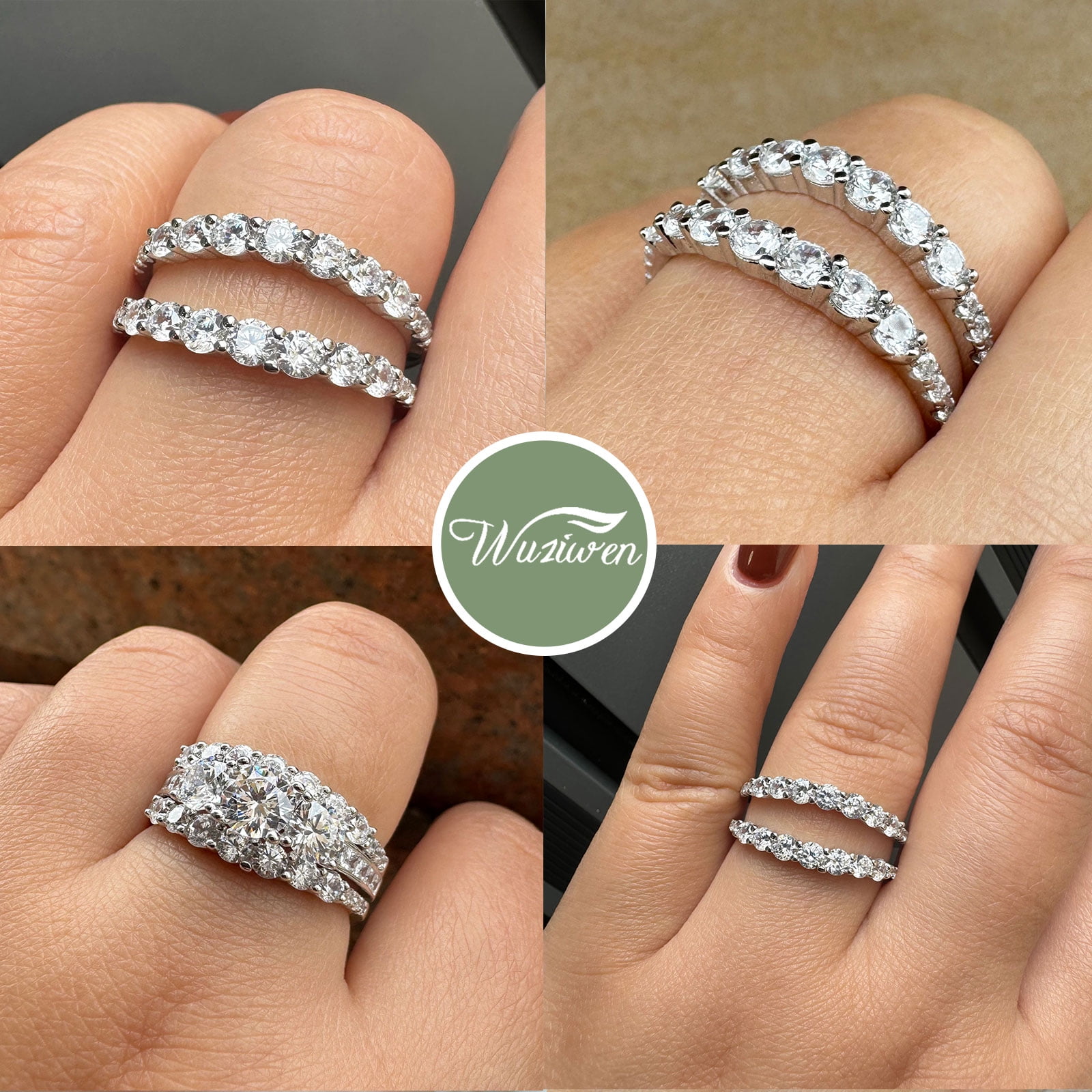 Wuziwen Ring Enhancer for Engagement Rings Two Row Sterling Silver Wedding Bands for Women Stackable Cubic Zirconia Size 5