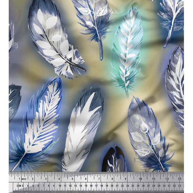 Soimoi Rayon Crepe Fabric Leaves & Feather Printed Fabric 1 Yard 46 Inch Wide