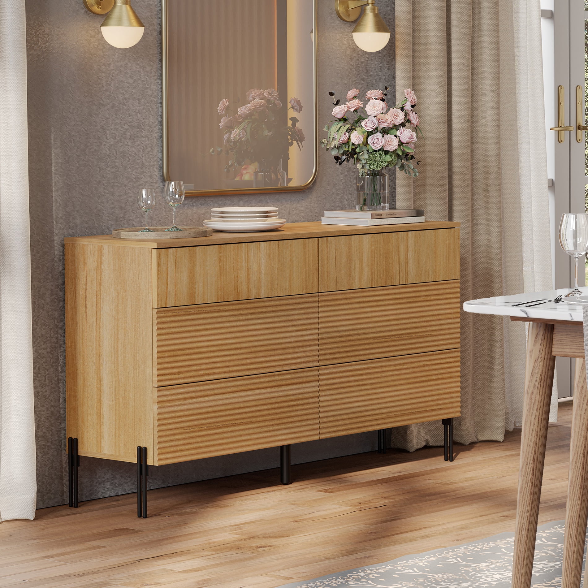 WAMPAT 47.2" Wood Accent Cabinet with Drawers, Modern Credenza Storage Cabinet with Minimalist Reeded Design for Living Room, Kitchen, Dining Room, Hallway