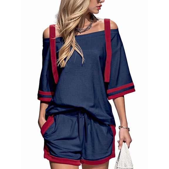 Women Color Block Off Shoulder Short Sleeve Top and Drawstring Shorts 2 Piece Outfit Set Navy Blue XXXL