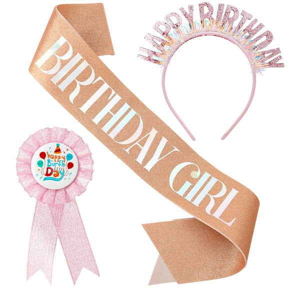 sixwipe Birthday Sash for Girls, Birthday Headband and Badge Pin Set, Glitter Birthday Crown Set for Girls' Birthday Party Decorations