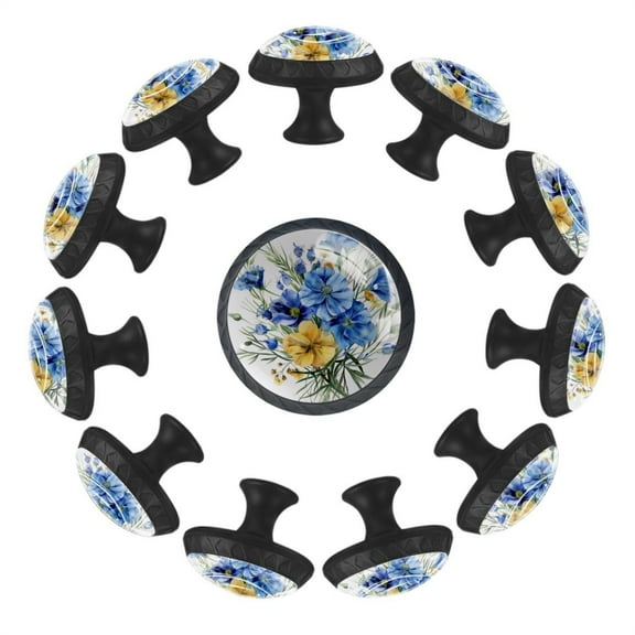 12 Pack Round Glass Drawer Knobs For Kitchen Cabinet With Screws, Wildflowers Blue and Yellow Color on White Crystal Diamond Shaped Cupboard Knobs For Kitchen Office Bathroom