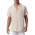 thumbnail image 1 of Camisas de lino para hombres Inspire Chic con cuello camp, de manga corta y botón, camisas de verano para la playa, 2XL color caqui, 1 of 6