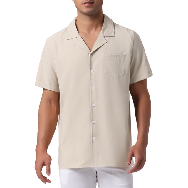 Camisas de lino para hombres Inspire Chic con cuello camp, de manga corta y botón, camisas de verano para la playa, 2XL color caqui