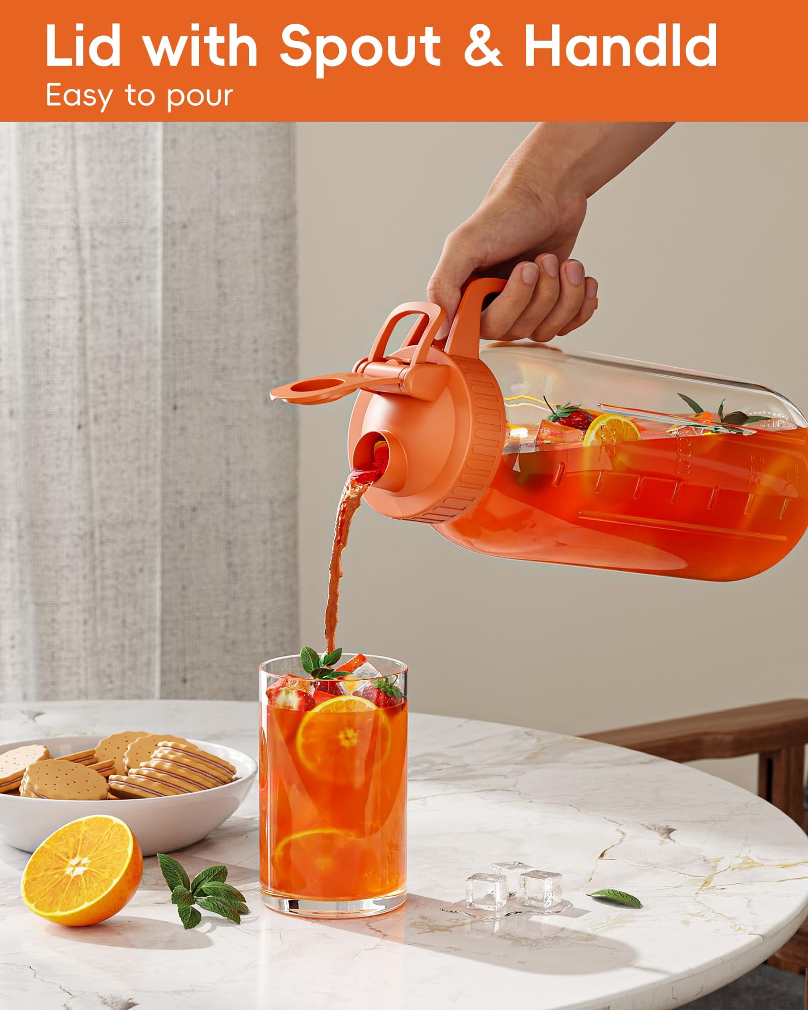 Glass Pitcher With Airtight Lid And Spout  64oz Mason Jar - Wide Mouth Leakproof Water Jug For Juice Sun Iced Tea Cold Brew Coffee Milk Storage Orange