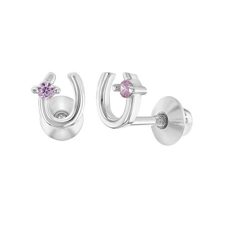 925 Sterling Silver Pink CZ Screw Back Little Horseshoe Earrings Children