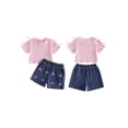 thumbnail image 2 of BemeyourBBs Toddler Baby Girl Summer Clothes 2 Piece Denim Outfits Short Sleeve T Shirt Tops and Bow Cherry Embroidery Jeans Shorts Set Toddler Girls Spring Summer Outfit, 2 of 9