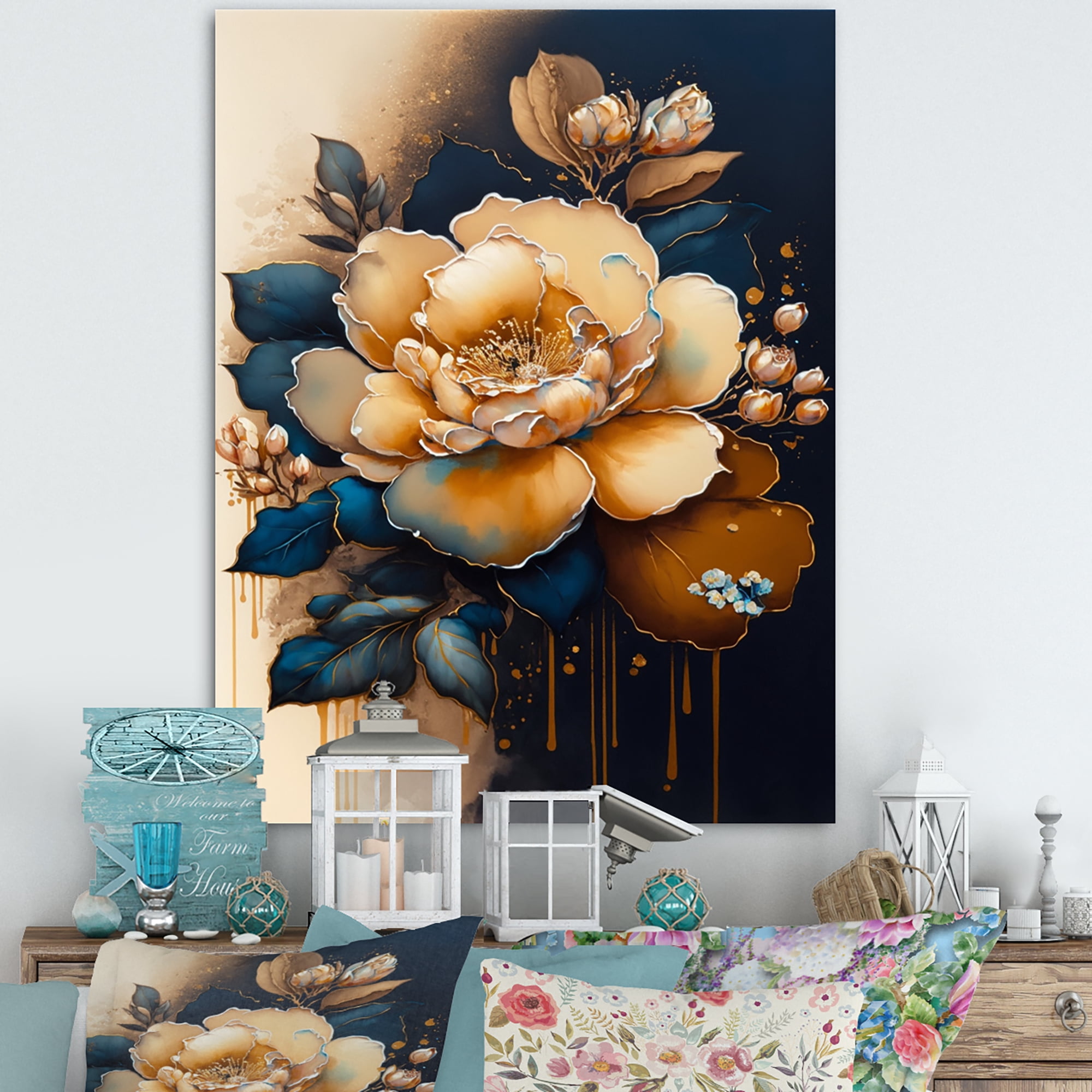 Designart Yellow And Dark Blue Camellia Flower II Canvas Wall Art