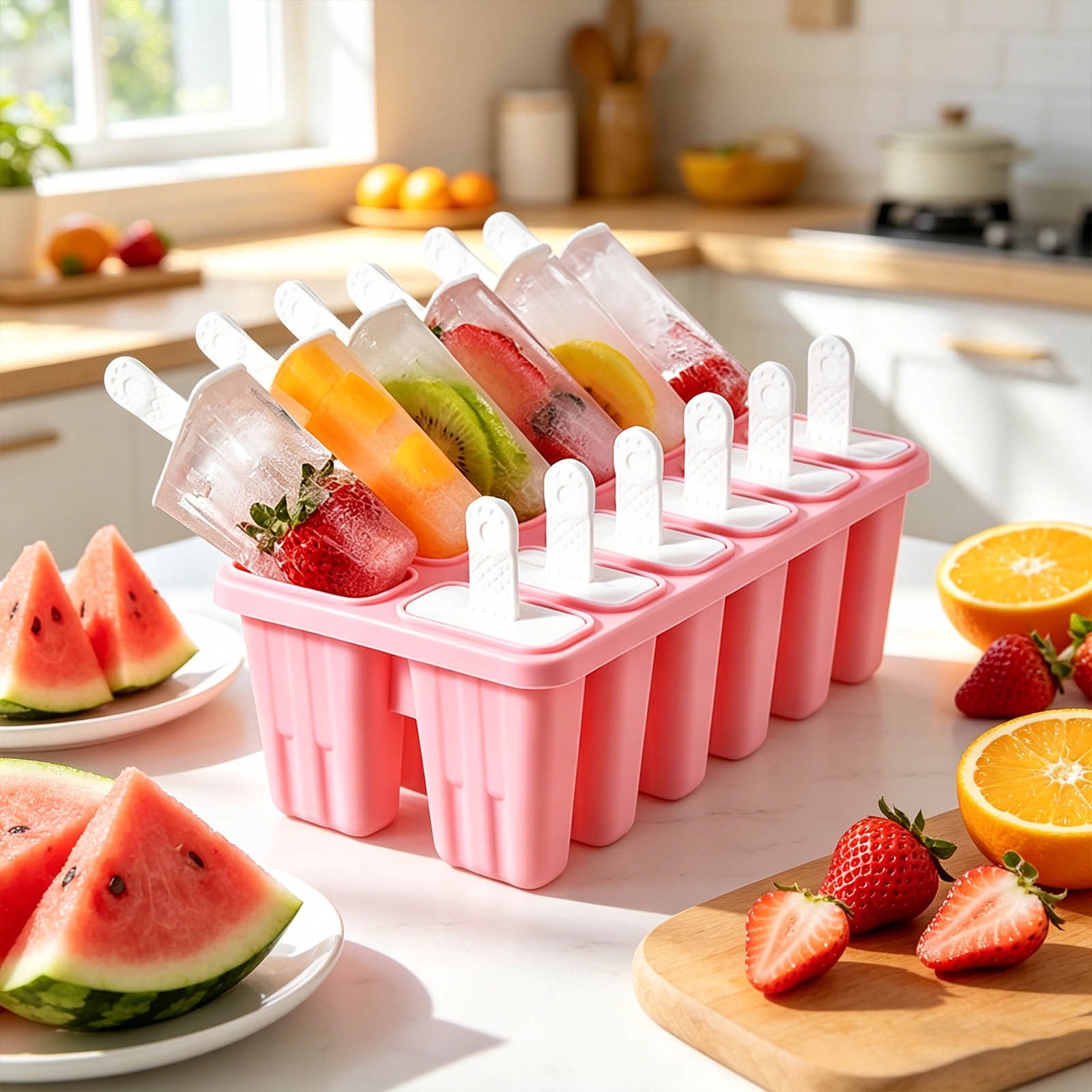 12 Cavity Silicone Popsicle Molds Set with Reusable Sticks Easy Release Food Grade Ice Cream Bar Maker for Homemade Frozen Treats Juice Fruit Dessert Freezer Summer Kitchen Homemade Dessert Mold Set