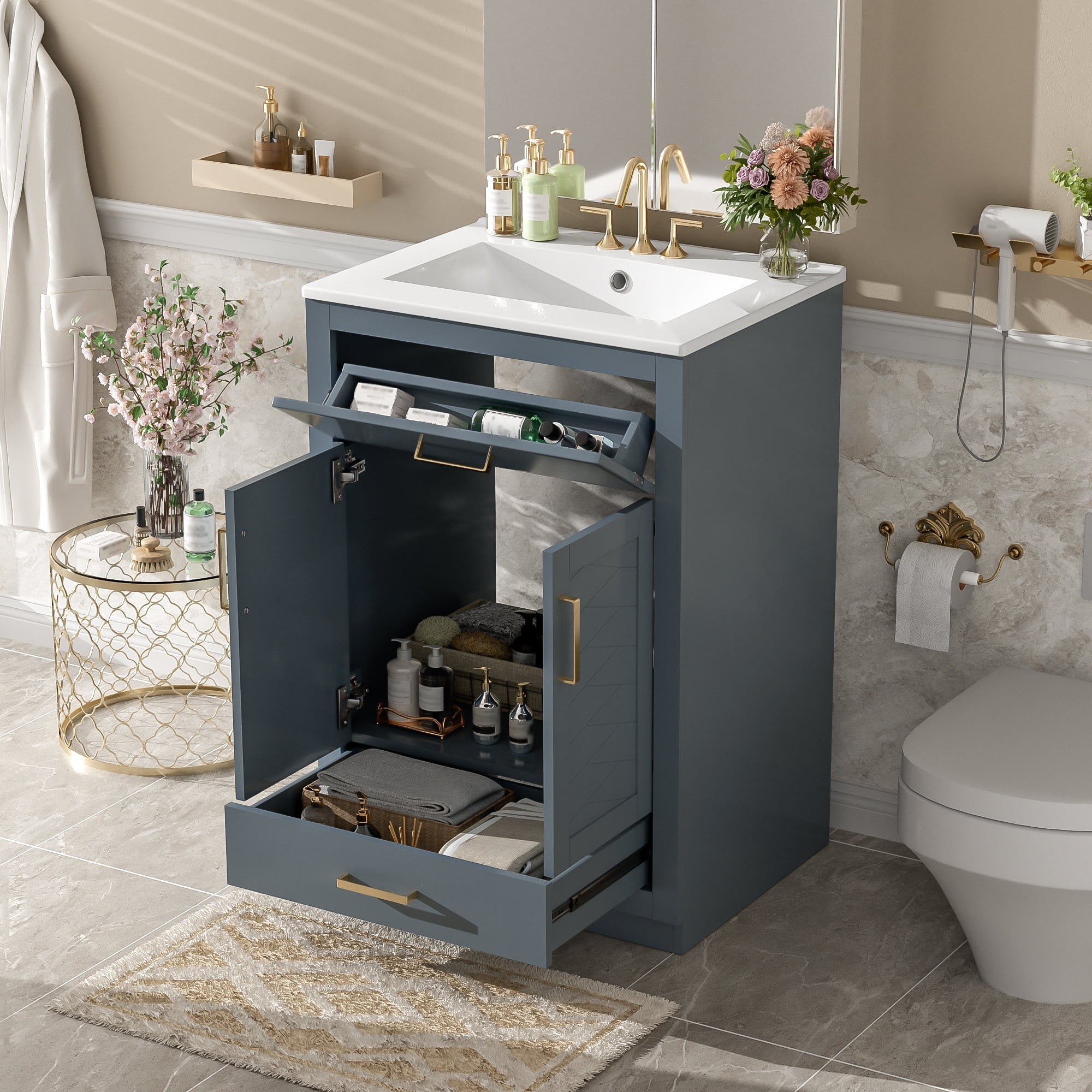 Euroco 24" Bathroom Vanity with Integrated Ceramic Sink, Bathroom Cabinet with 2 Doors, 1 Tip-out Drawer, Single Sink Bathroom Vanity for Small and Medium Restroom, Blue