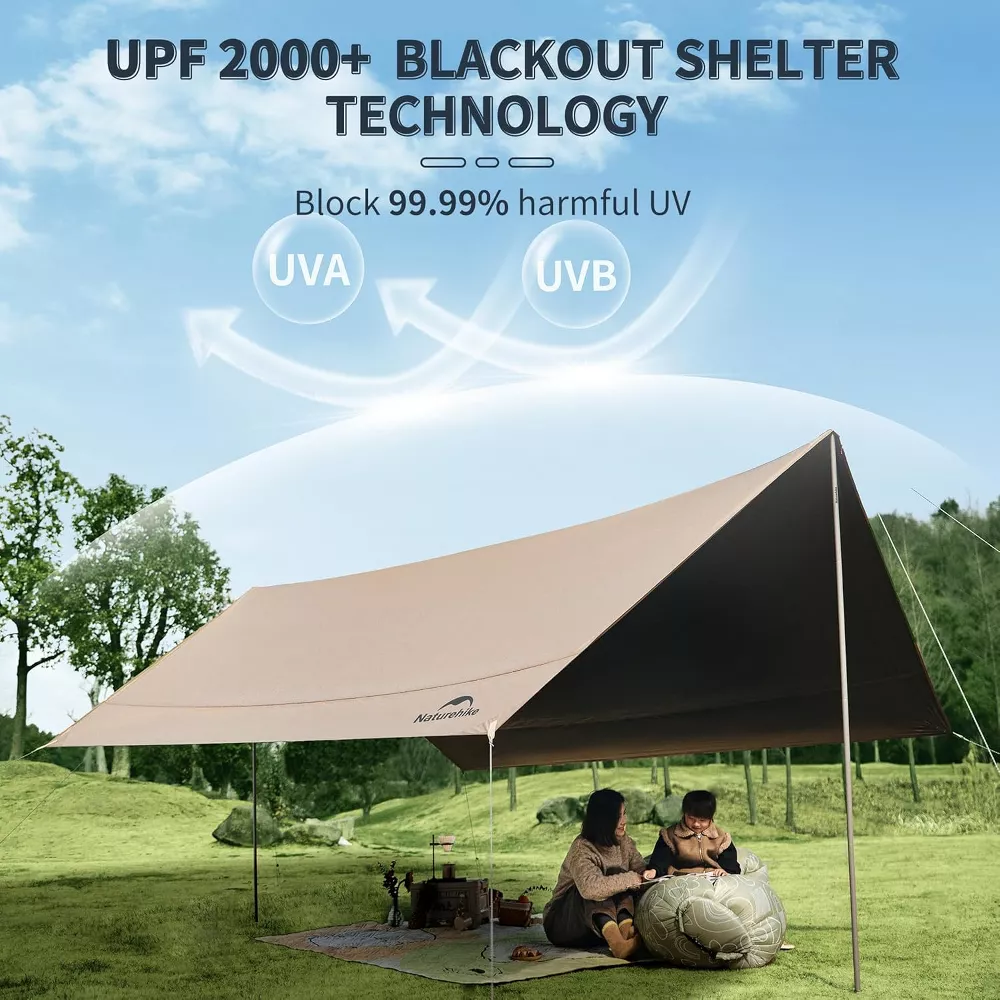 Naturehike Camping Tent Tarp with Poles, Waterproof PU 18000mm+, Anti-UV UPF2000+ Camping Sun Shelter Rain Fly, Camping Tent Canopy, 16.4x12.5ft