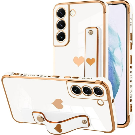 Designed for Samsung Galaxy S21 Plus Case with Strap Luxury Love Heart Plating Gold Bumper Phone Cover Wristband Kickstand Full Body Protective Slim Case for Women - White