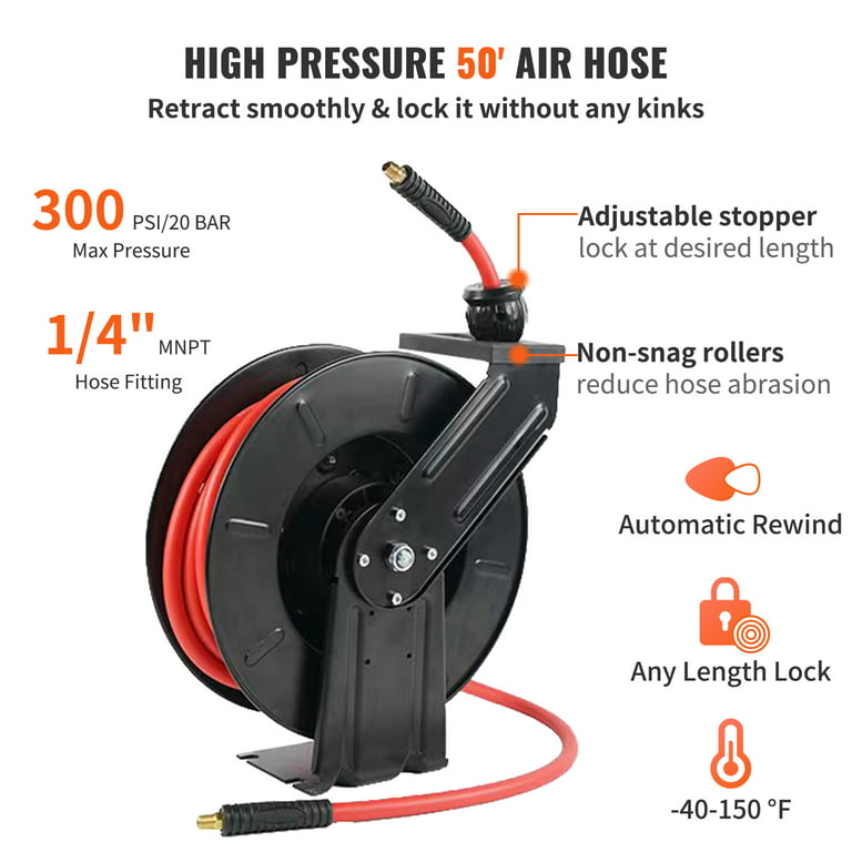 VEVOR Air Hose Reel, 1/2 IN x 50 FT Retractable Hybrid Polymer Hose MAX  300PSI, Pneumatic Ceiling/Wall Mount Heavy Duty Double Arm Steel Reel Auto  Rewind 