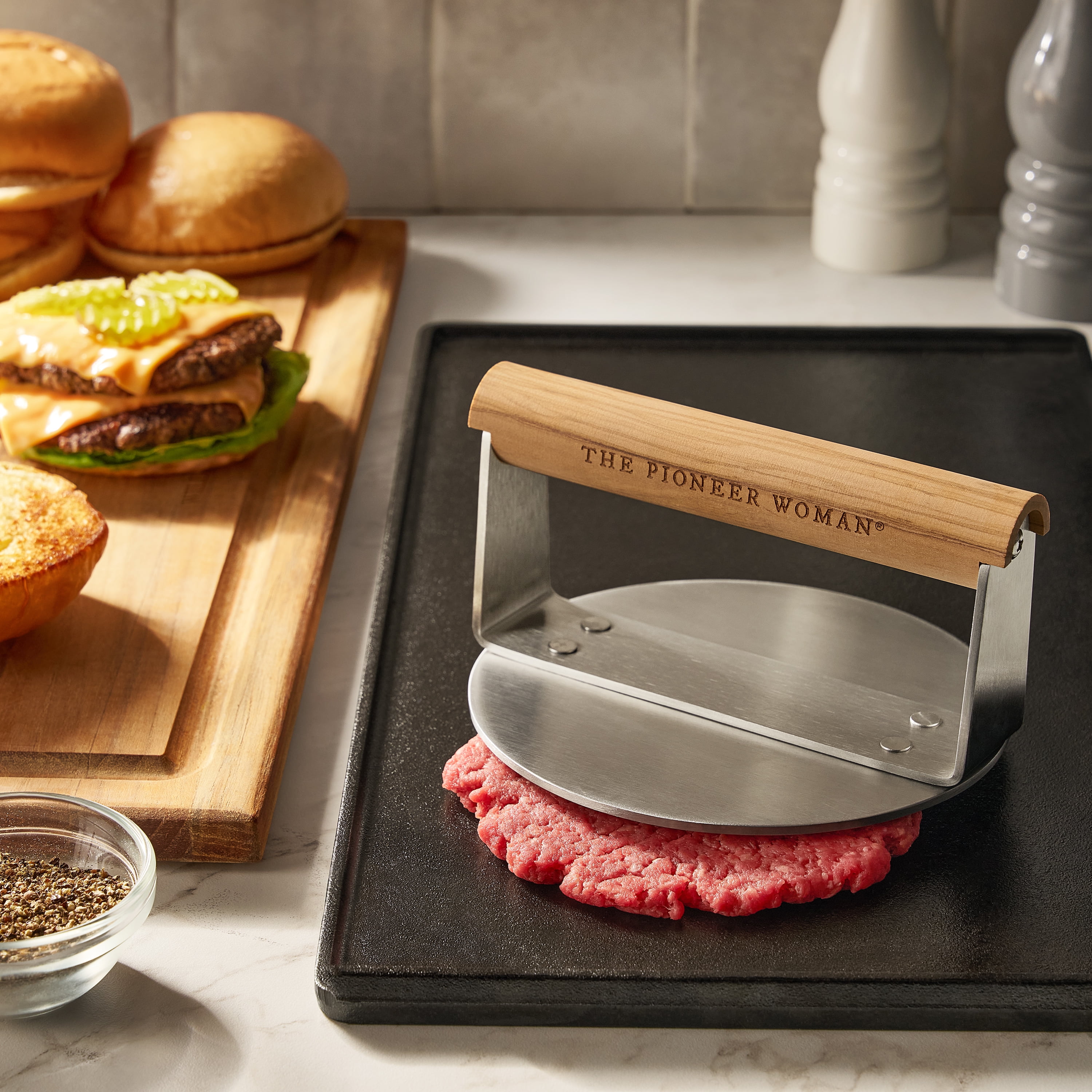 The Pioneer Woman Stainless Steel Burger Smasher with Olivewood