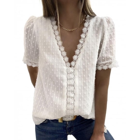 Sonducket Camiseta de gasa para mujer, blusa holgada de encaje lavable con cuello de y manga corta, camisa de oficina para deportes al aire Prendas para la parte del cuerpo beis blanco XXL