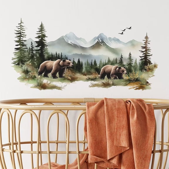 Brown Bear Dream Forest Wall Stickers, Wild Jungle Animal Wall Decals Removable Vinyl Peel and Stick for Living Room Bedroom Nursery Sofa TV Background Art Decorations
