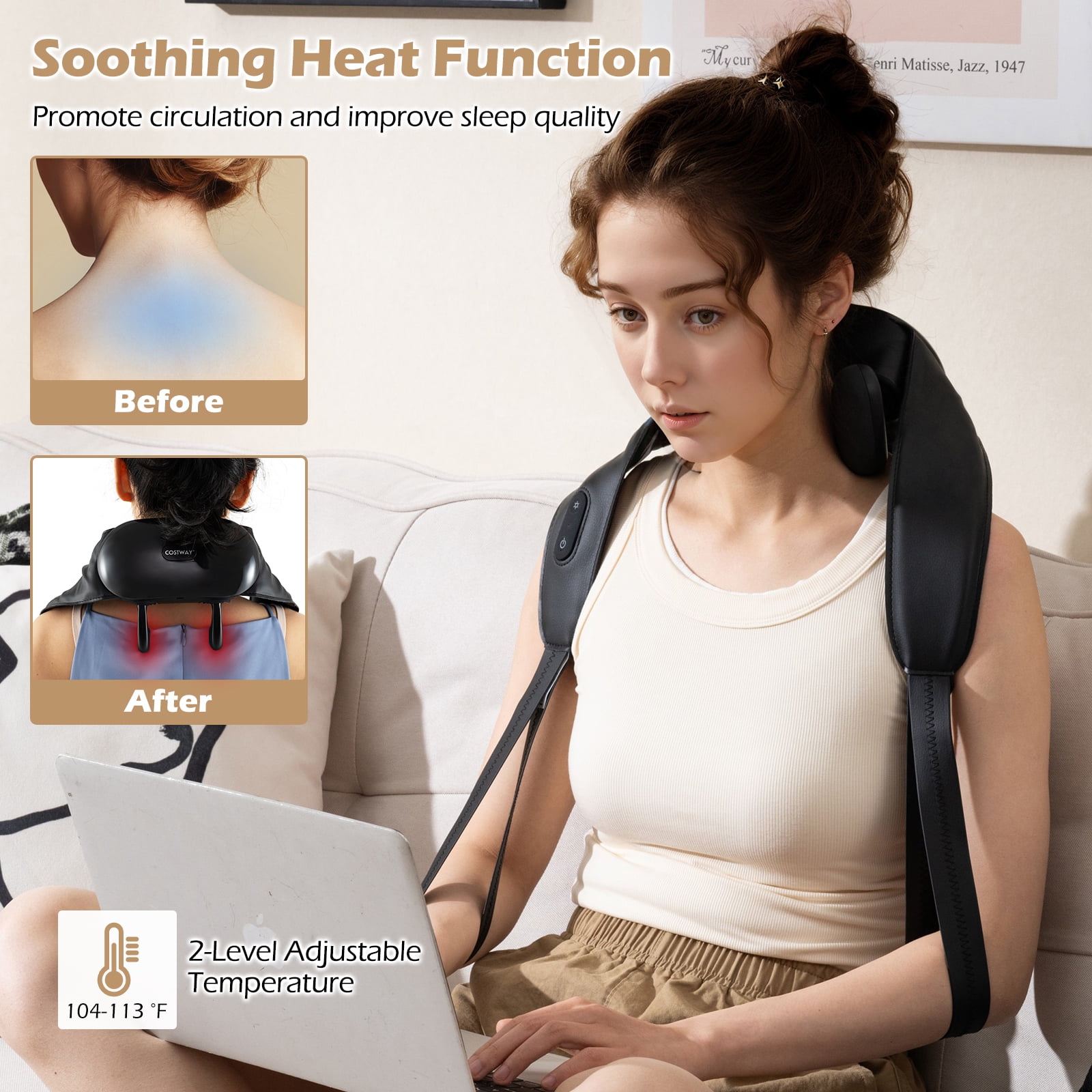Gymax Neck Shoulder Massager w/ 2 Heat Levels for Pain Relief Neck Massager Pillow Gray