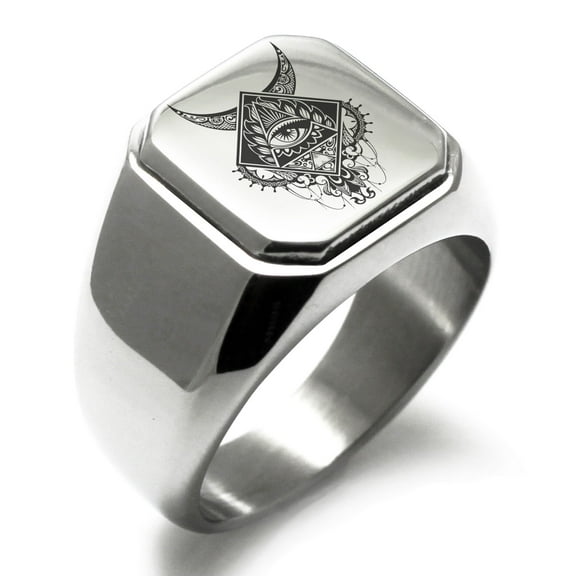 Stainless Steel Spiritual All Seeing Eye Engraved Square Flat Top Biker Style Polished Signet Ring