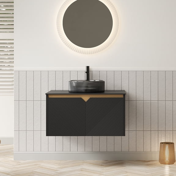 LiviNest 30" Bathroom Vanity with Sink: Wall-Mounted Floating Plywood Storage Cabinet - Modern Black Glass Basin & Sintered Stone Top for Hotel & Apartment Bathrooms