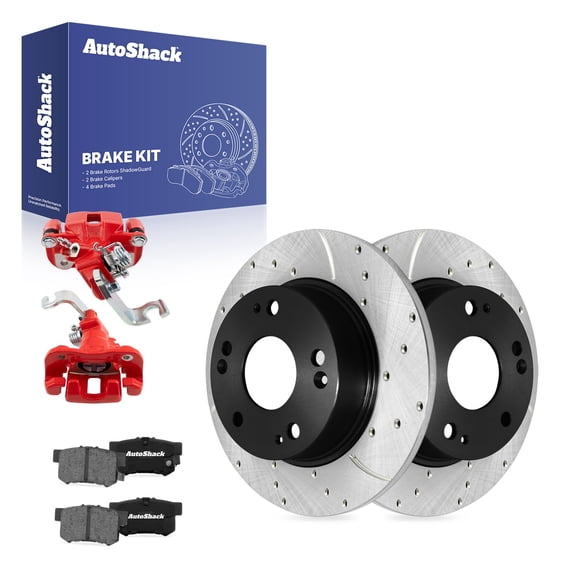 AutoShack Rear Solid Drilled & Slotted E-Coated Brake Rotors   Ceramic Pads   Calipers Red 8-PC Brake Kit Replacement for 2006-2015 Honda Civic 2013-2015 Acura ILX ShadowGuard 10.24" (260 mm)