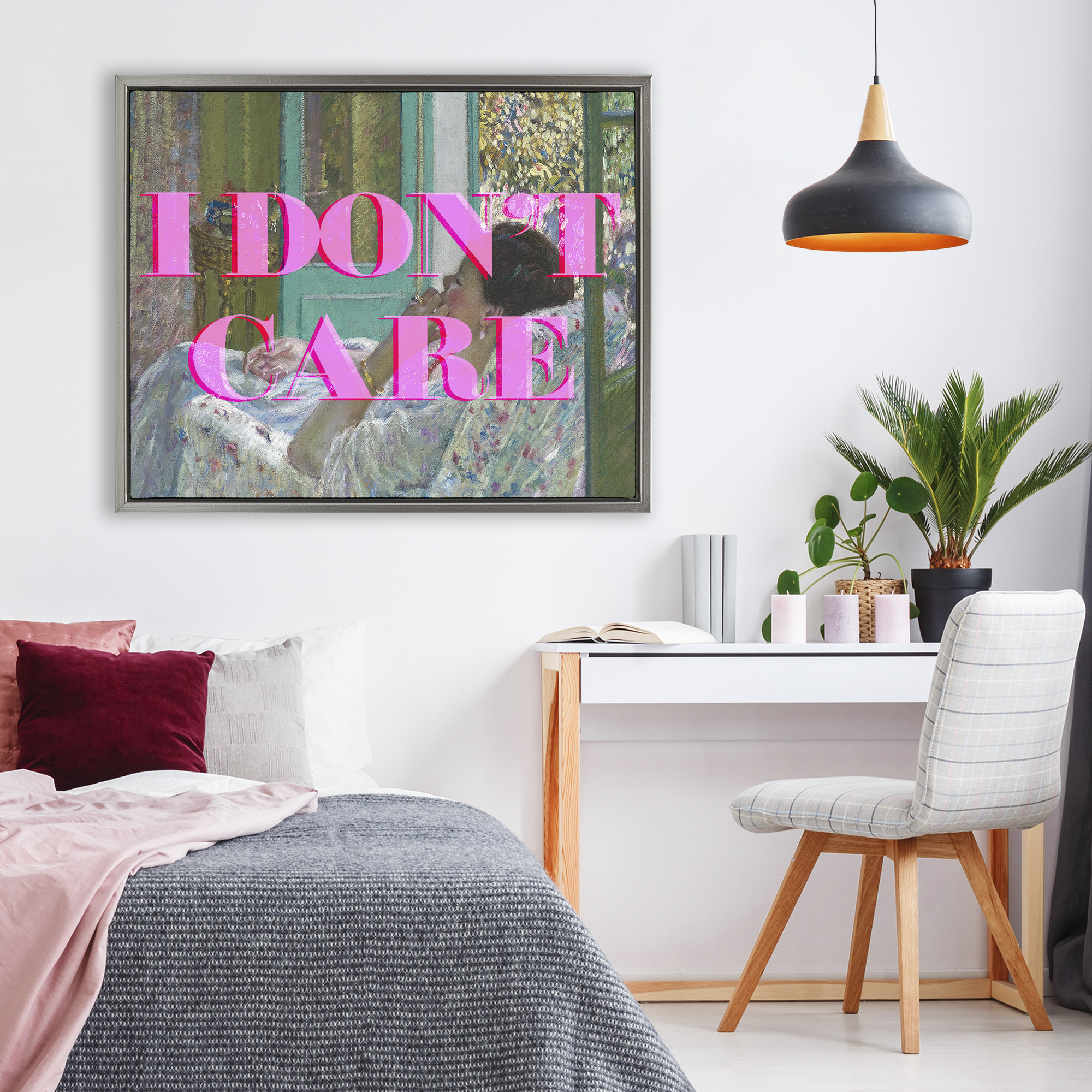 I Don't Care over Classic Painting Gray Framed Floater Canvas Wall Art, design by Lil' Rue