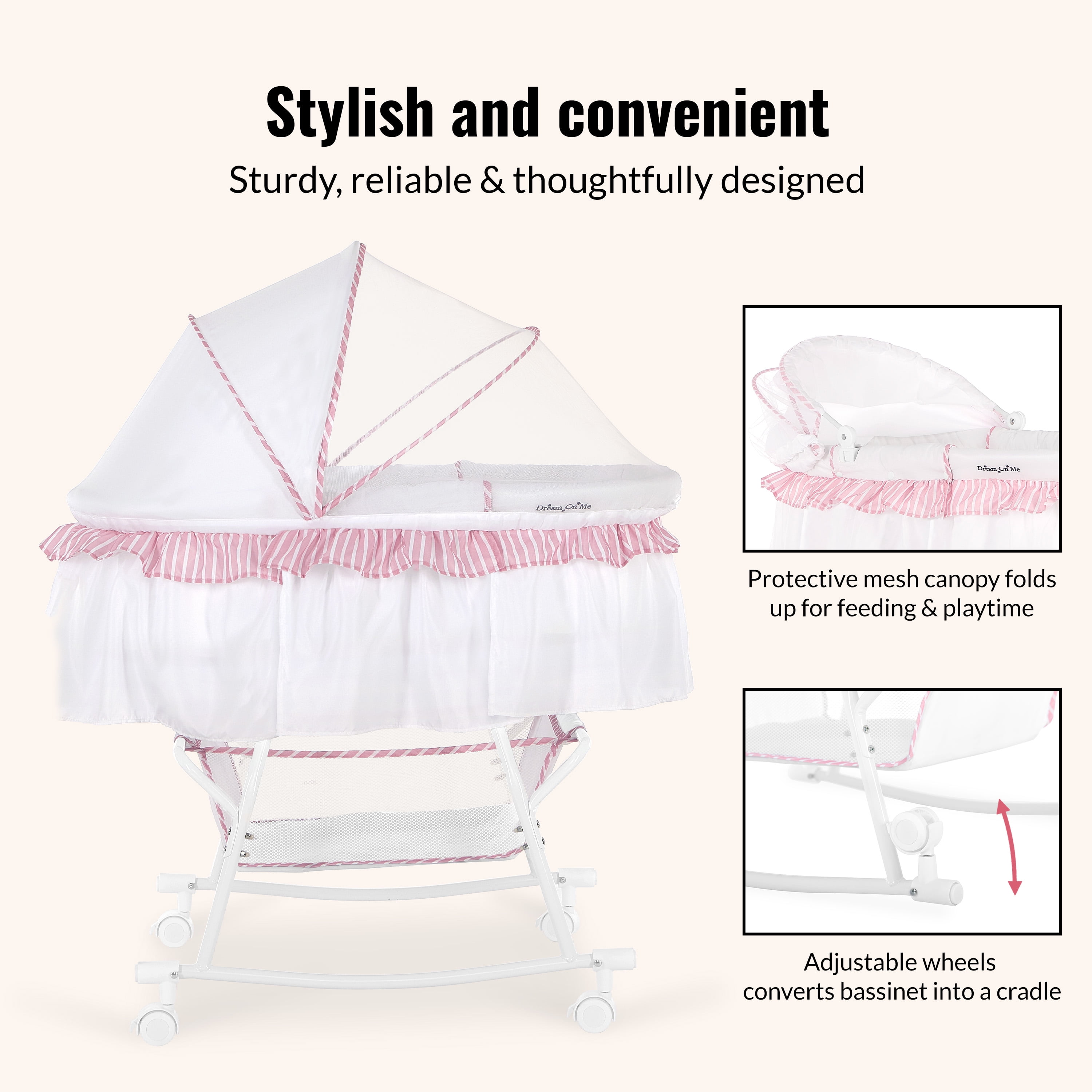 Dream On Me Lacy Portable 2-in-1 Bassinet Cradle in Pink and