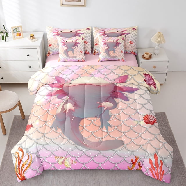 YST Pink Axolotl 7-Piece Bedding Set, Cute Animal Comforter Set, Queen Size
