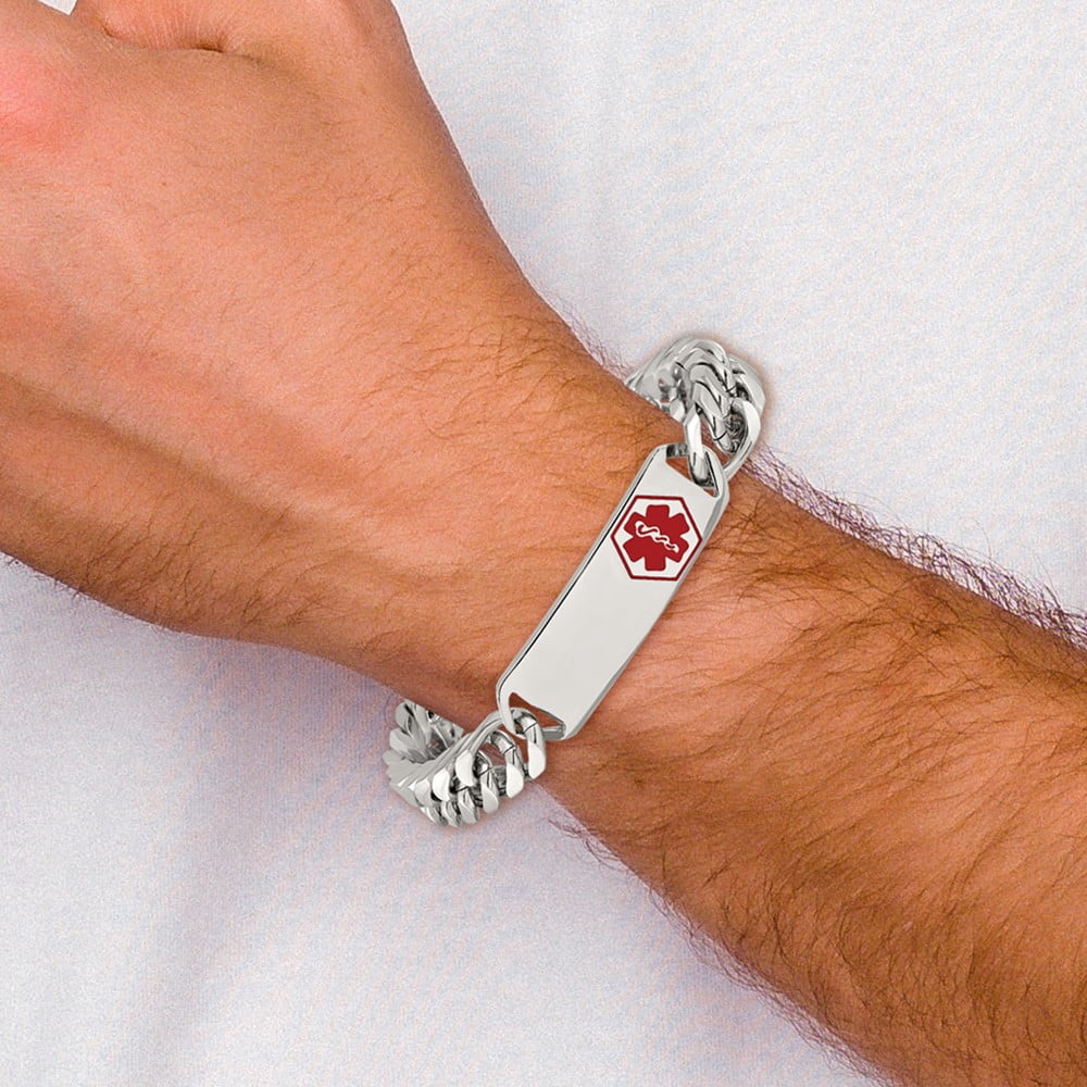 Stainless Steel Bracelet Medical Curb Men's 10.08 mm 8.5 in Chisel Polished with Red Enamel ID