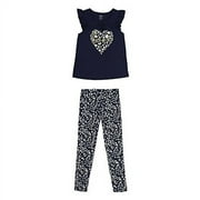 French Toast Girls' Little Short Sleeve Flutter Tee/Printed Legging Set, Navy/White, 6