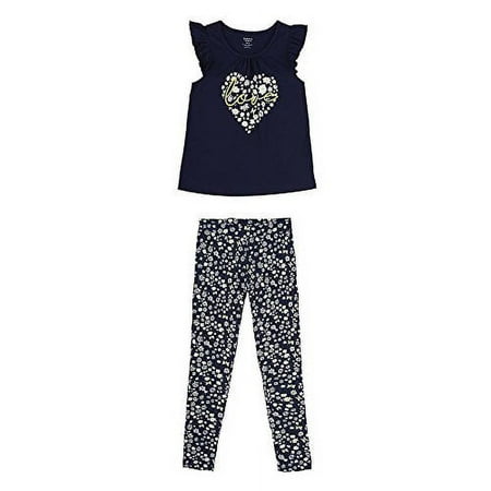 French Toast Girls' Little Short Sleeve Flutter Tee/Printed Legging Set, Navy/White, 6