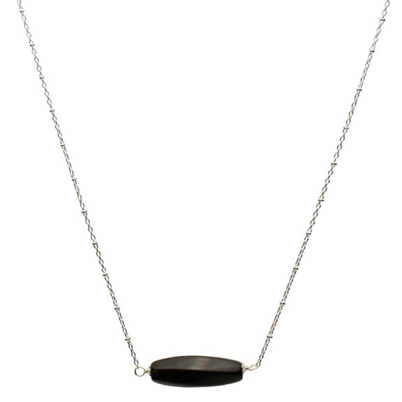 Sterling Silver Black Onyx Stone Twist Bead Bar Cable Station Necklace, 18" 2" Ext