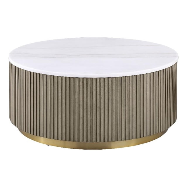 Coaster Jason Table Basse Ronde à Plateau en Marbre Blanc avec Base Tambour, Couleur Grège