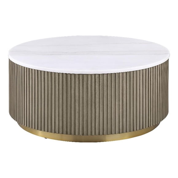 Coaster Jason Round White Marble Top Drum Base Coffee Table in Greige