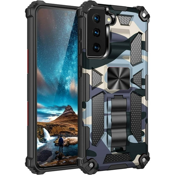 Samsung Galaxy S21 Plus Case, Camouflage Sturdy Phone Case with Heavy Duty Shockpro of Military Grade Anti-Fall Protection and Built-in Magnetic Cover for Samsung Galaxy S21 Plus MC Light Blue