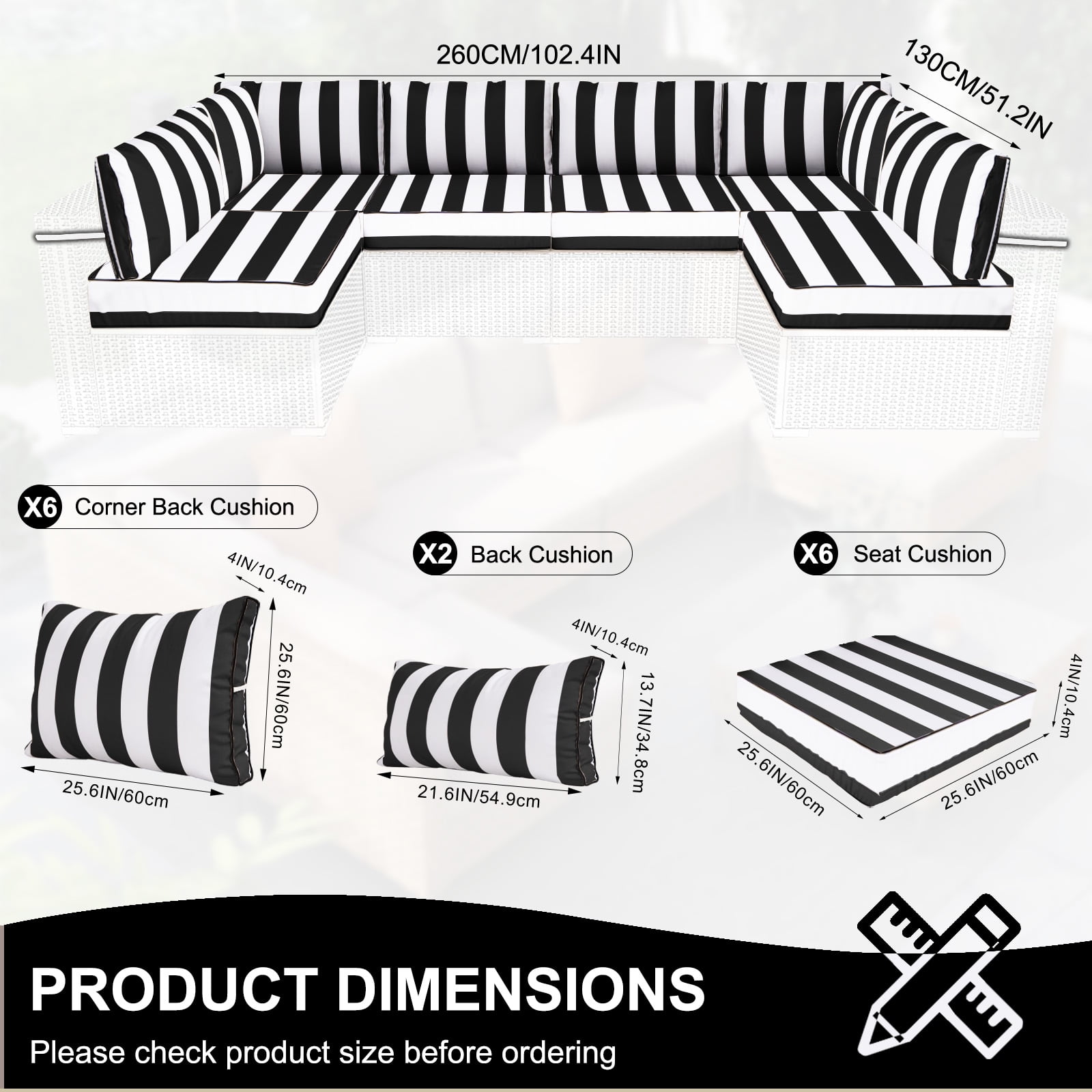PUKNLY Outdoor Furniture Replacement Cushions, Fits 6-seat Sectional Rattan Conversation Set, 14 Piece Patio Water-Resistant Replacement Sofa Cushions, Liner&Cover（Black White Stripes）