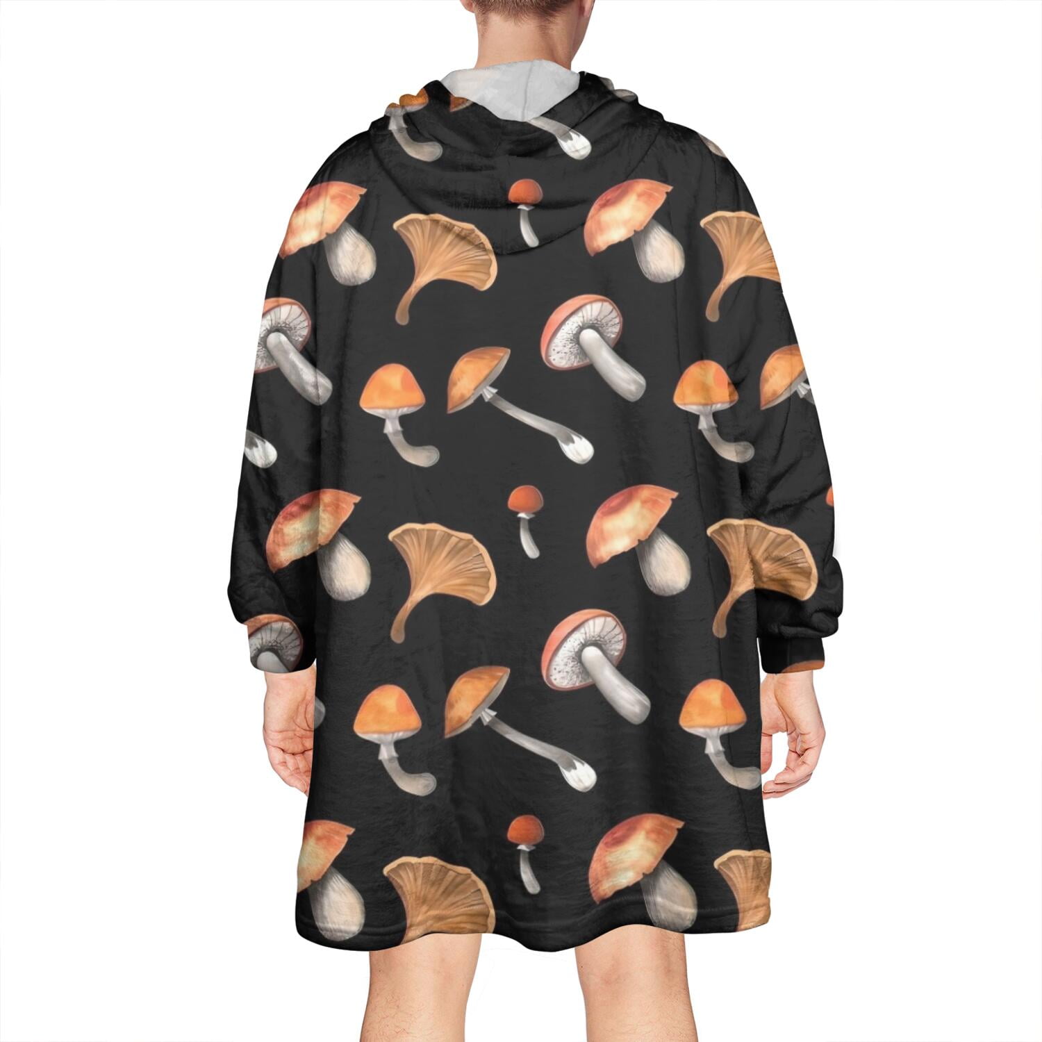 Brown Mushroom Pattern Black Pattern Wearable Oversized Blanket,Wearable Blanket Hoodie for Adults,Cozy Hooded Blankets with Super Pockets,Super Warm Fuzzy Pullover for Women & Men