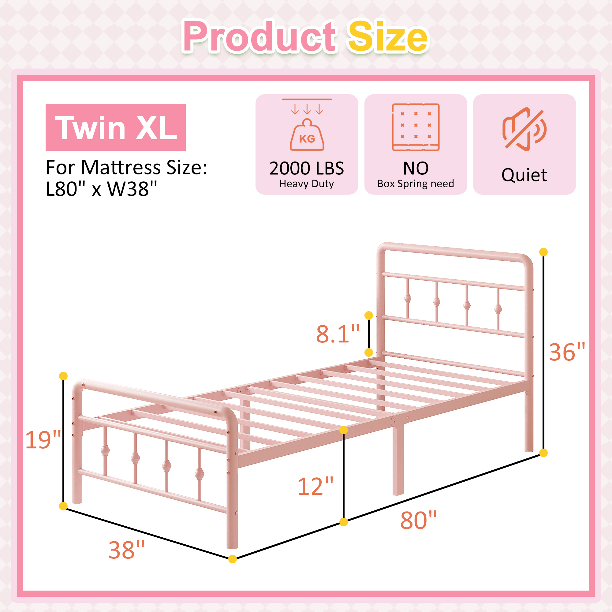 Maenizi 12 inch Tall Twin XL Bed Frames with Headboard and Footboard, Heavy Duty Metal Platform Bed Frame Twin XL No Box Spring Needed, Easy Assembly, Under Bed Storage, Noise Free, Pink