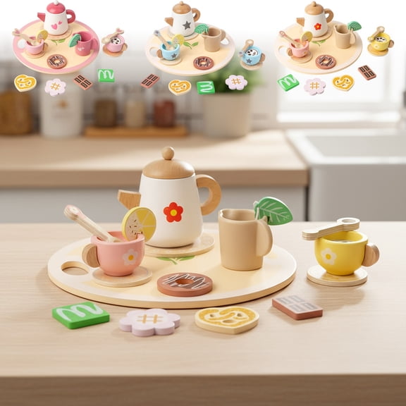 Wooden Tea Coffee Party Set for Kids, Pretend Play Kitchen Toy with Teapot Cups Tray Cookies Desserts, Educational Montessori Role Play Toys for Toddlers Boys Girls Birthday Holiday Gifts