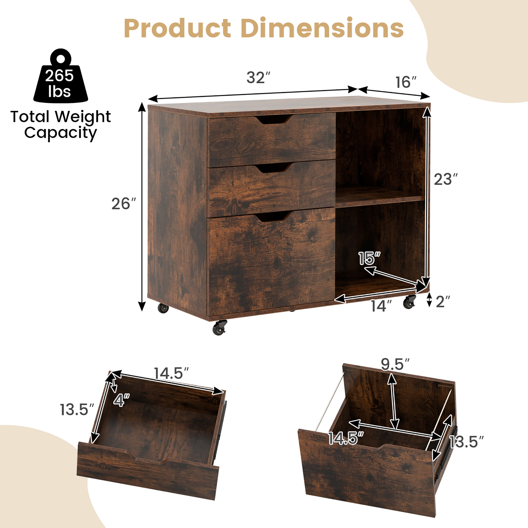 Gymax 3-Drawer Mobile File Cabinet w/ Open Adjustable Storage Shelf for Ho me Office Rustic Brown