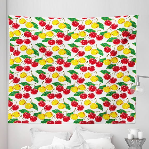 Fruit Tapestry, Graphic Colorful Cherries with Leaves Pattern Fresh Ripe Juicy Tasty Summertime, Fabric Wall Hanging Decor for Bedroom Living Room Dorm, 5 Sizes, Red Yellow Green, by Ambesonne