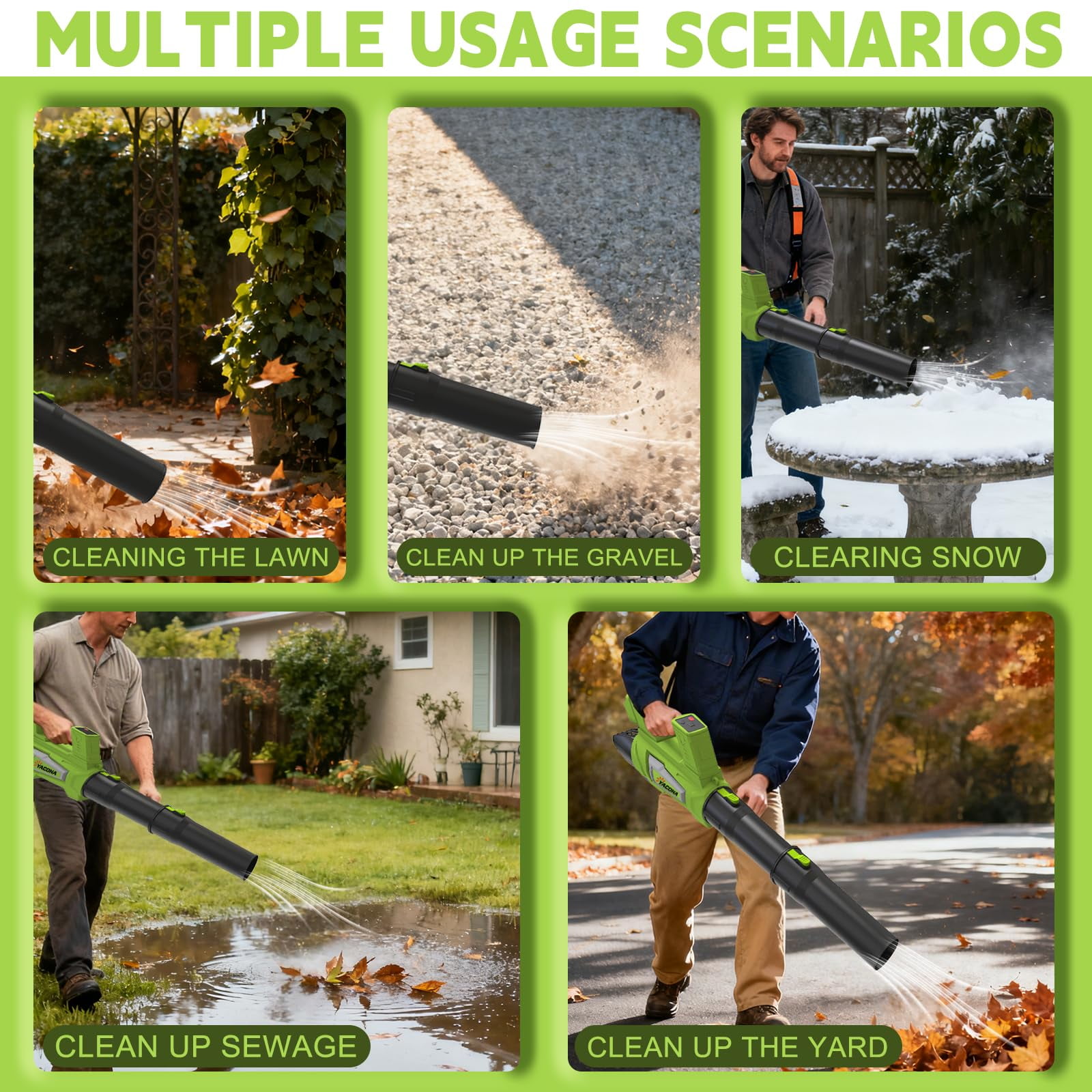Yacona 21V Leaf Blower Cordless, with 2 x 6.0Ah Battery and Charger, 21V Electric Leaf Blowers with Strap, 6-Speed Powered Leaf Sweeper for Blowing Leaves, Lawn Care, Dust and Snow, Green